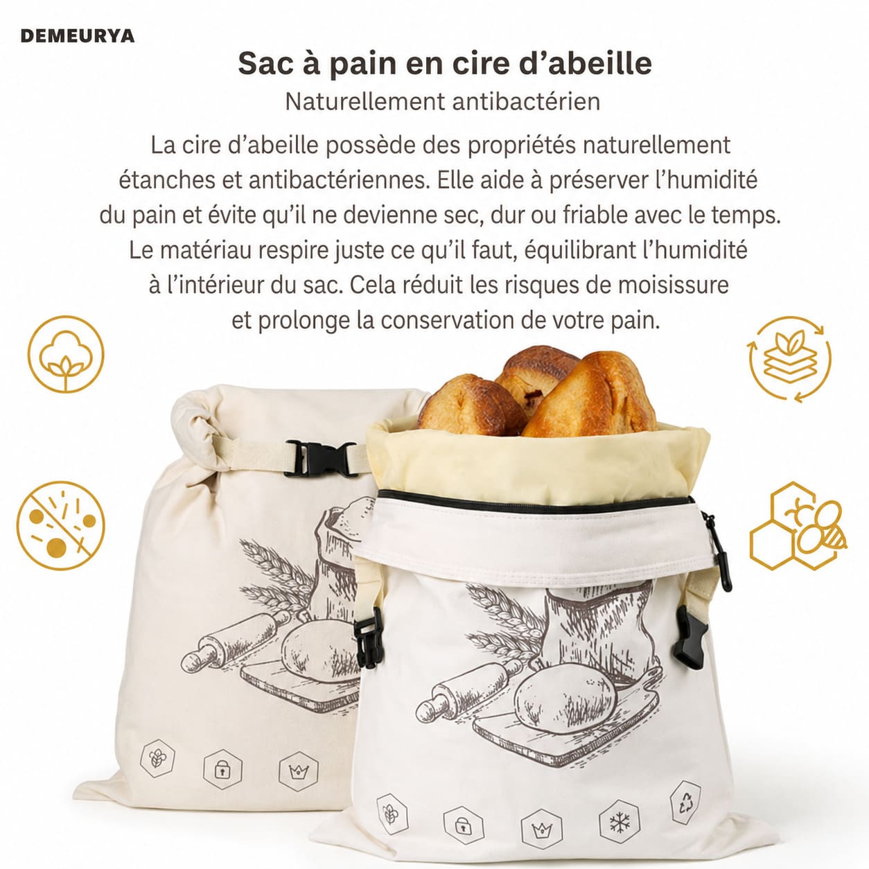 Sac à Pain en Cire d'Abeille – 100% Coton Bio